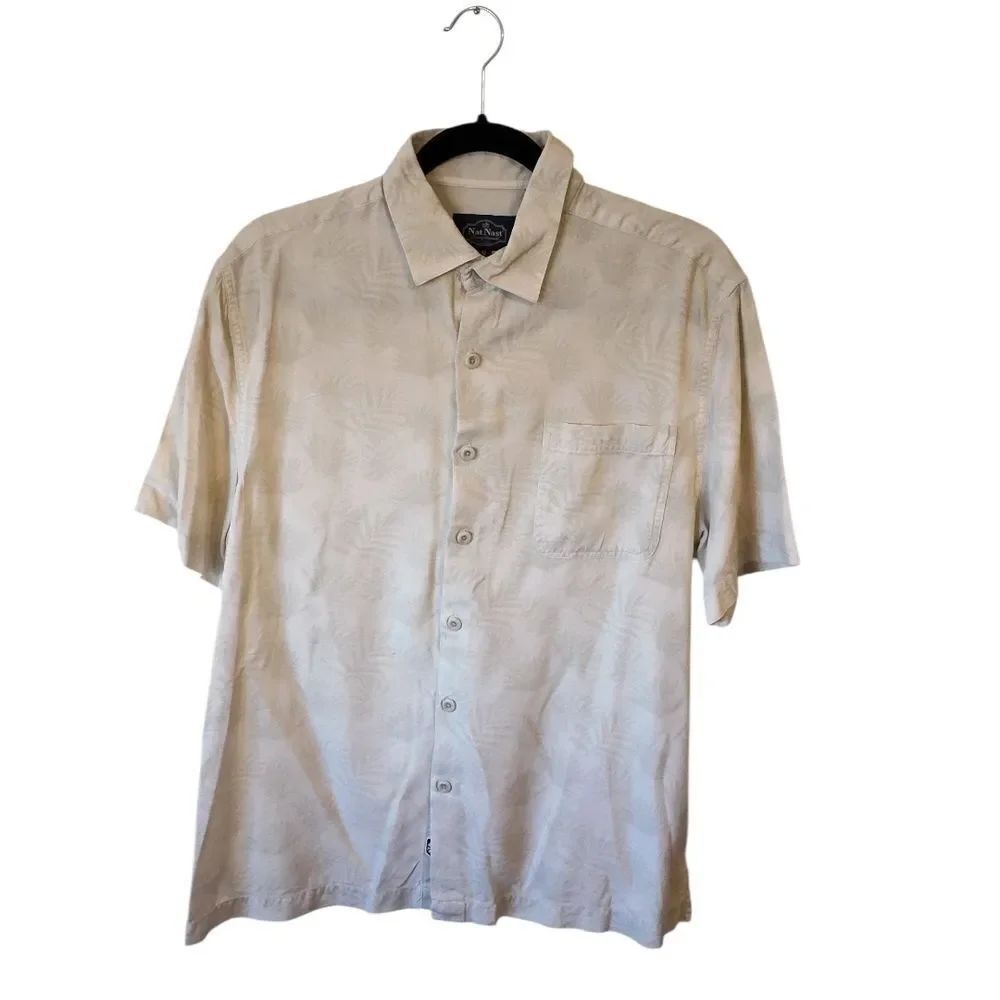 Nat Nast Cream Silk Short-Sleeve Button-Down Shirt with Subtle Leaf Print Size M